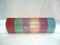 Set of one dozen colored metal bangles with self design.  Each bangle has a gold colored line running through the center. Available in different colors.  Diameter is 6.5 cms (aka 2/8 inches) - may be worn by kids & adults, depending on wrist size. <br> Picture shows sets in red, light green, purple, gold, pink and & light blue color.