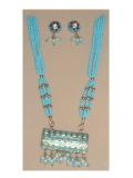 Traditional Indian "mina-work" necklace with matching earrings.  The necklace consists of a pendant on bead strings - the beads & pendant are in the same color.  The rectangular pendant has an intricate "mina work" pattern on it.  The post-style earrings match  the pendant.  Length of the necklace is 8 and 1/2 inches.  Available in different colors.