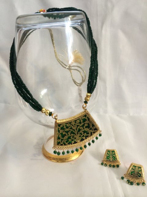 Rajasthani Thewa Necklace & Earrings Set In Green/Gold Color