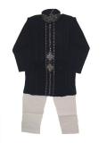 Dark blue self striped cotton kurta pajama set with dupatta. The kurta has elegant embroidery on collar and down the front.  The churidar (fitted pants/pajama) is white in color.  Sizes available for boys aged 2 ear olds and up.