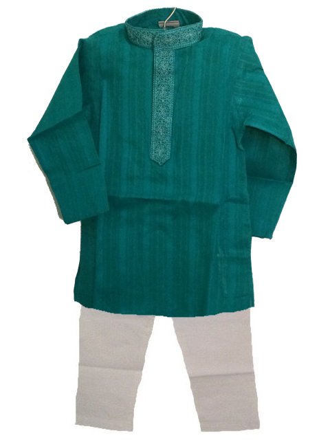 Cotton Kurta Pajama In Blue Green /w Embroidery For Boys
