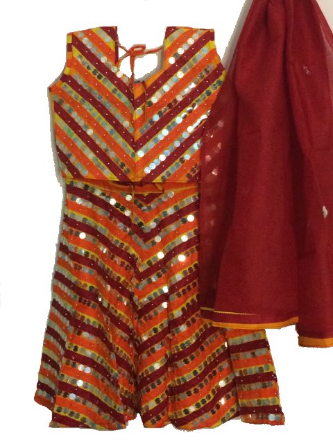 Sleeveless Orange/Maroon Traditional Chaniya Choli Outfit Sleeveless Orange/Maroon Traditional Chaniya Choli Outfit