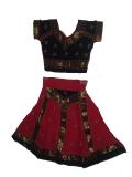 Cotton Gujarati lacha for girls.  The top is black while the skirt comes in different colors depending on the option selected.  Both the top and bottom are embellished with gold-colored beads and gold-colored lace.  The top has hooks and ties in the back while the skirt has a drawstring waistband.  This outfit does not come with a scarf/dupatta.  Available in maroon, blue, green & orange.
NOTE:  Please note that these outfits are handmade, and so some stains/marks are part of the process and cannot be avoided.