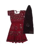 Traditional cotton red and black chaniya choli for children.  The choli has adjustable ties on both sides and at the neck in the back.  The flared skirt is red with black band at the base.  The top and skirt, both have work all over using silver colored beads and sequins.  The dupatta black cotton with bandhni print and sequin & bead work all over.  A very common clothing style in Gujarat  and Rajasthan (India). A perfect outfit for dandiya and garba.<br>
Sizes available for girls aged 6 months, 1 year old and up.