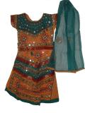 Cotton, orange, blue and red traditional lacha for children.  The choli is orange and blue and is embellished with large silver colored sequins.  It has adjustable ties in the back.  The flared skirt is orange and blue has a drawstring waistband.  The skirt is embellished with silver sequins in patterns. The dupatta is cotton blue with orange border.  A very common clothing style in Gujarat  and Rajasthan (India). An ideal attire for garba and dandiya.<br>
Sizes available for girls aged 1 year old and up.