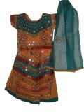 Cotton, orange, blue and red traditional lacha for children.  The choli is orange and blue and is embellished with large silver colored sequins.  It has adjustable ties in the back.  The flared skirt is orange and blue has a drawstring waistband.  The skirt is embellished with silver sequins in patterns. The dupatta is cotton blue with orange border.  A very common clothing style in Gujarat  and Rajasthan (India). An ideal attire for garba and dandiya.<br>
Sizes available for girls aged 1 year old and up.