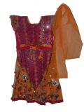 Cotton, pink & orange, traditional Gujarati chaniya choli with embroidery and mirrors.  The choli is pink with orange sleeves, and has ties in the back.  The choli is embellished in the front with mirrors, gold thread and embroidery.
<br>The skirt/ghagra is flared and has a drawstring waistband.  It is embellished with mirrors, gold thread, colorful pompoms, giant sequins and embroidery.  The dupatta is plain orange. A very common clothing style in Gujarat and Rajasthan. Ideal dress for raas garba & dandiya.<br>
Sizes available for girls aged 1 year and up.