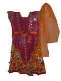 Cotton, pink & orange, traditional Gujarati chaniya choli with embroidery and mirrors.  The choli is pink with orange sleeves, and has ties in the back.  The choli is embellished in the front with mirrors, gold thread and embroidery.
<br>The skirt/ghagra is flared and has a drawstring waistband.  It is embellished with mirrors, gold thread, colorful pompoms, giant sequins and embroidery.  The dupatta is plain orange. A very common clothing style in Gujarat and Rajasthan. Ideal dress for raas garba & dandiya.<br>
Sizes available for girls aged 1 year and up.