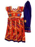 Cotton orange and blue traditional chaniya choli embellished with shell and mirror work all over.  The choli has adjustable ties on both sides.  The choli has heavy work all over using mirrors, white beads and shells.  Similar work "patches" on the orange and blue ghagra.  The ghagra is flared and has a drawstring waistband - it also has a thick blue cloth border at its base.  The dupatta is blue with an orange border with mirror work along the edges.  A very common clothing style in Gujarat and Rajasthan (India). Ideal dress for raas garba/dandiya.