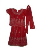 Red lehenga choli in georgette.  The choli is red with heavy work all over using zari and sequins.  The choli has hooks in the back.  The flared skirt is red with heavy zari & sequins work all over.  The dupatta has similar zari and sequins work all over.  Sizes available for kids aged 2 years old and up.