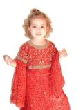 Tell me more about Red bandhni lehenga choli w/ bead work for young girls (LC2802)