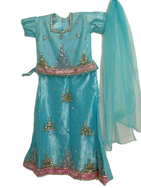 Net Lehenga Choli In Light Blue & Pink With Kundan Work Net Lehenga Choli In Light Blue & Pink With Kundan Work