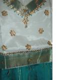 Indian clothing, cream/green pattu pavada w/ bead work (PV34015)