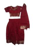 Bright maroon pavada, in silk, for kids. The top is embelished with blue and gold beads and sequins - similar work on the skirt.  There is a gold clored border at the base of both the top and the skirt. The skirt flared and has a drawstring waistband.  The dupatta is bright maroon silk with a gold bootis and dangling beads along the edges. This is a very typical clothing style in Southern India.  Sizes available for kids aged 4 year olds and up.