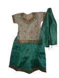 Girls Indian Dress, Tan & Sea Green Pattu Pavada Langa (PV39507)