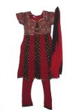 Beautiful baby doll style churidar kurta in georgette. There is beautiful sequin and bead work around the neckline and sleeves. The kurta is flared below the waist and has alternating black and maroon patterns.   The pant is maroon with black printed border at the base.  The waistband of the churidar is drawstring.  The dupatta is shaded maroon and black georgette. A very trendy looking outfit for your little angel.  Sizes available for girls aged 6 and up.