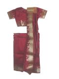 Beautiful maroon silk sari.  The readymade sari set consists of a blouse, petticoat and sari.  The sari is attached to the petticoat, and the pleats are pre-made.  The "pallu" is maroon with little golden bootis all over and a gold-colored border.  All you need to do to wear this sari is to slip it on like a skirt, and then arrange the "pallu" the way you want to;  a sari in minutes!!  The blouse is maroon silk, it has a maroon and gold border at the sleeves and at the base, in the back.  The blouse is short - it leaves the midriff exposed; it has three hooks in the front and can be opened up fully to put on and take off.  The sari is in yellow silk with self stripes and tiny golden bootis all over and a maroon & gold border.  The skirt part of the sari has a drawstring waistband. Sizes available for girls aged 2 year olds.