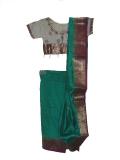 Ready-to-wear cream & green Indian silk sari for girls (SR40033)