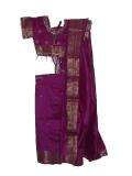 Trendy fuchsia ready-to-wear Indian silk saree for children.  
The readymade saree set consists of a blouse, petticoat and saree.  The saree is attached to the petticoat, and the pleats are pre-made.  All you need to do to wear this saree is to slip it on like a skirt, and then arrange the "pallu" the way you want to;  a sari in minutes!!  
The saree is fuchsia in color, and has a gold trim along its entire length.  The fuchsia colored silk blouse has a gold border at the base and sleeves, and is embellished with beads and sequins all over.  The blouse has an inner fabric lining, and is short - it leaves the midriff exposed;  the back is open, with ties.  The skirt part of the saree has a drawstring waistband. Sizes available for girls 1 year old and up.