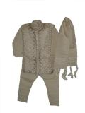 Cream color children's sherwani with heavy embroidery.  The sherwani set consists of a kurta, pajama, jacket and a dupatta.  The kurta has exquisite hand embroidery work all over the front.