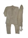 Cream embroidered sherwani for children.  This sherwani set includes kurta, pajama, jacket and a dupatta.  Kurta has embroidery on collar and half way down the front.  Jacket with matching intricate heavy embroidery.