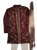 Tell me more about Boys Sherwani in Tissue Silk, Maroon with Zardozi Work (KP65009)