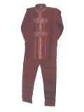 Maroon colored, silk kurta pajama for boys with heavy embroidery. The maroon kurta has heavy intricate embroidery on the collar and down the front using brown, maroon and cream colored thread. The pajama is maroon silk. Sizes available for boys aged 10 years old.