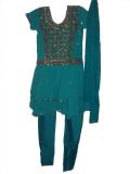 Blue georgette anarkali suit for kids. The outfit includes anarkali style flared kurta,  churidar pants and matching dupatta. Heavy work using orange, gold, silver and blue zari, thread, sequins and beads.  The kurta is flared below the waist (latest style in Indian churidar fashion).
The churidar (fitted pants) is silk blend and has similar work at the base and has a drawstring waistband.  Very chic.  Sizes available for girls 3 years and up.