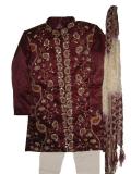 Boys Sherwani in Tissue Silk, Maroon with Zardozi Work (KP65009) Boys Sherwani in Tissue Silk, Maroon with Zardozi Work (KP65009)