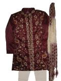 Boys Sherwani in Tissue Silk, Maroon with Zardozi Work (KP65009)